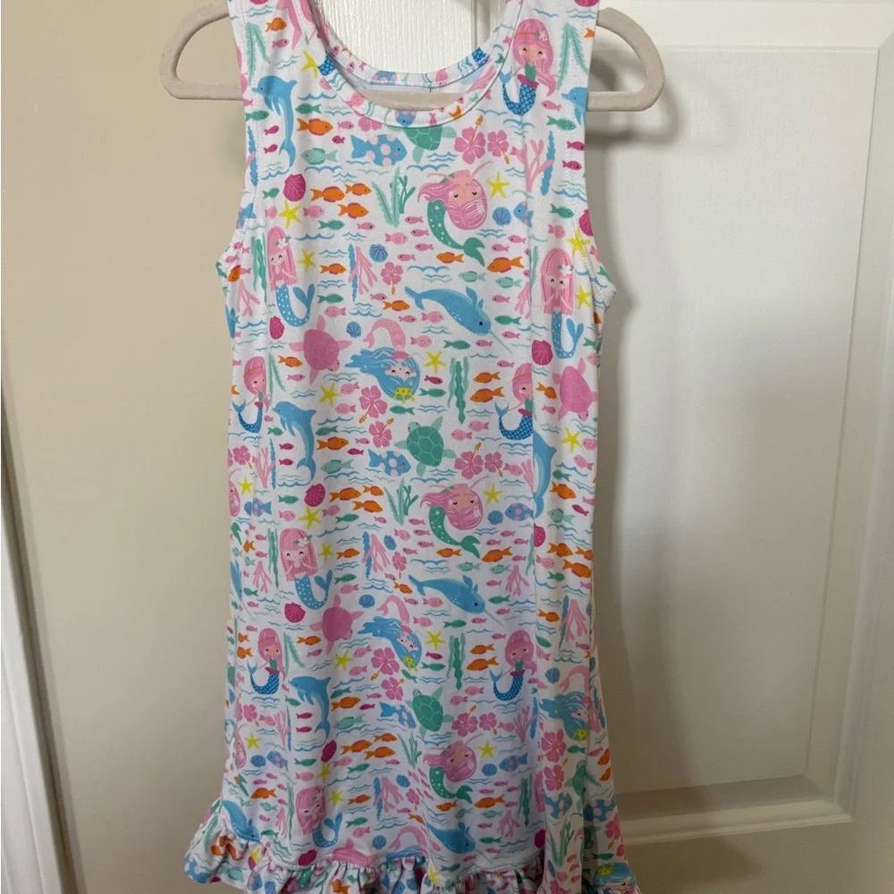 Flap Happy White Mermaid & Ocean Print Ruffle Hem Dress